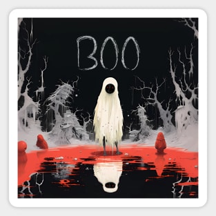 Halloween Boo 2: The White Sheet Ghost with Red Eyes Said "Boo" on a Dark Background Magnet